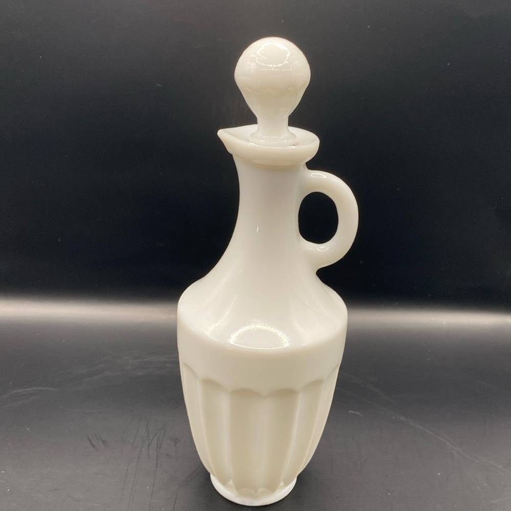 Vintage White Milk Glass Cruet Bottle with Stopper 8” Opaque Paneled Glass